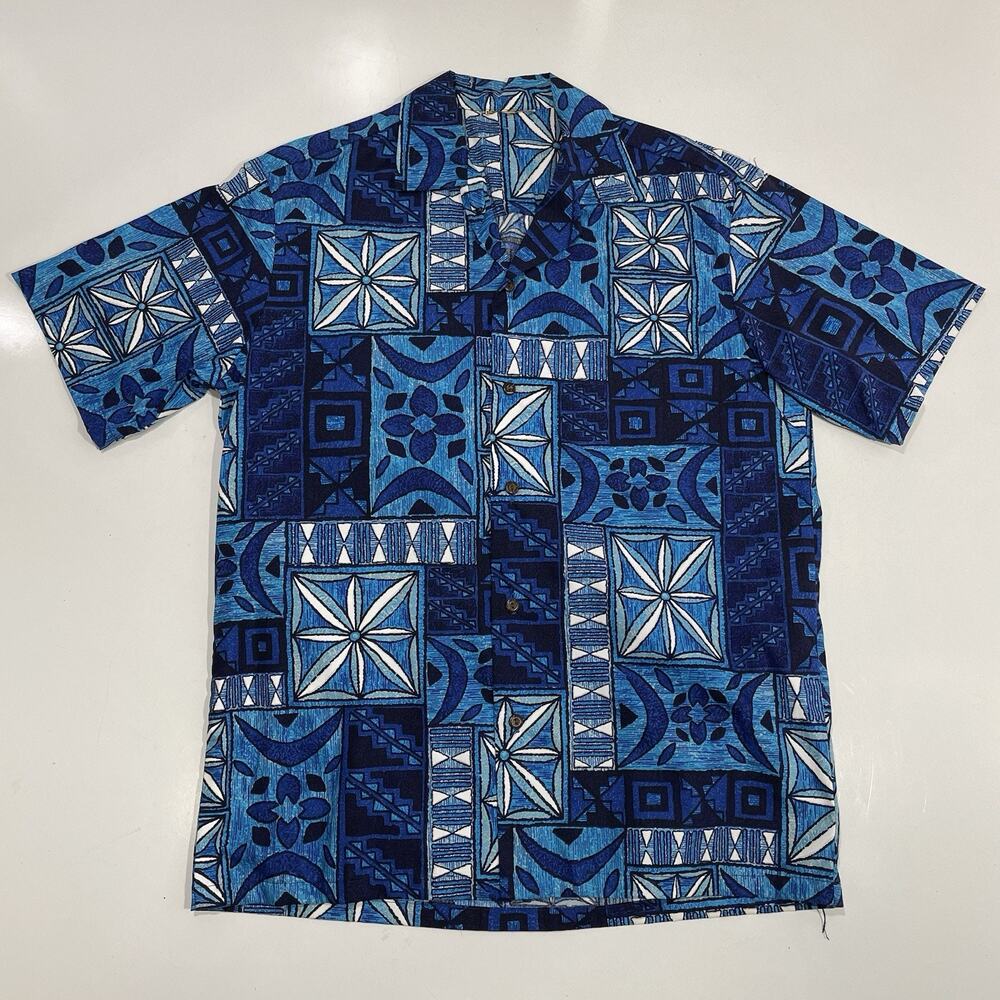 Winnie Fashion Men’s M/L Button Up Retro Vivid Tribal Print Blue Hawaiian Shirt